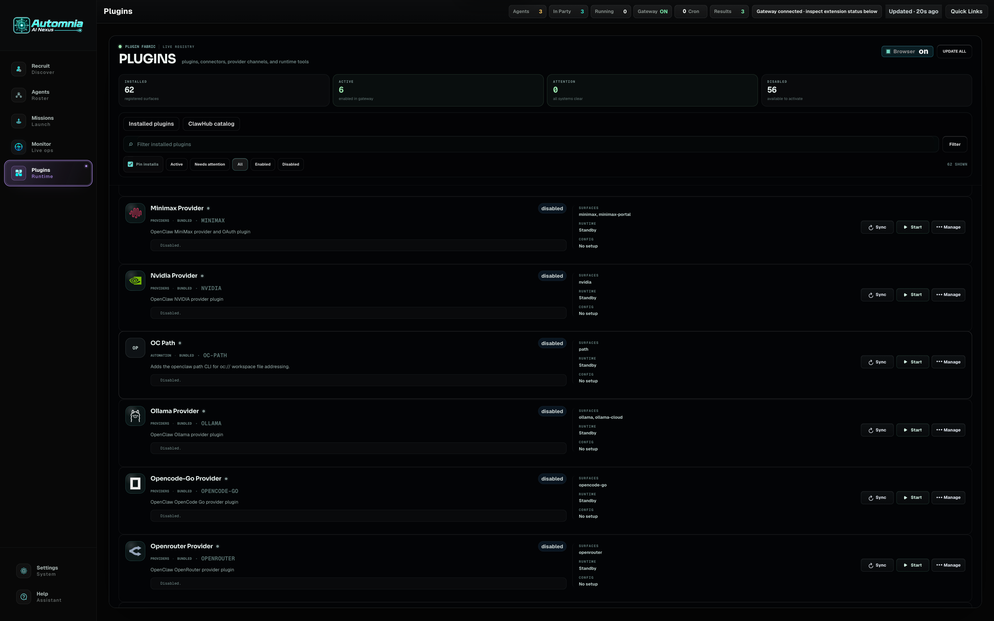 Plugins runtime surface registry showing installed plugins, active surfaces, and runtime controls