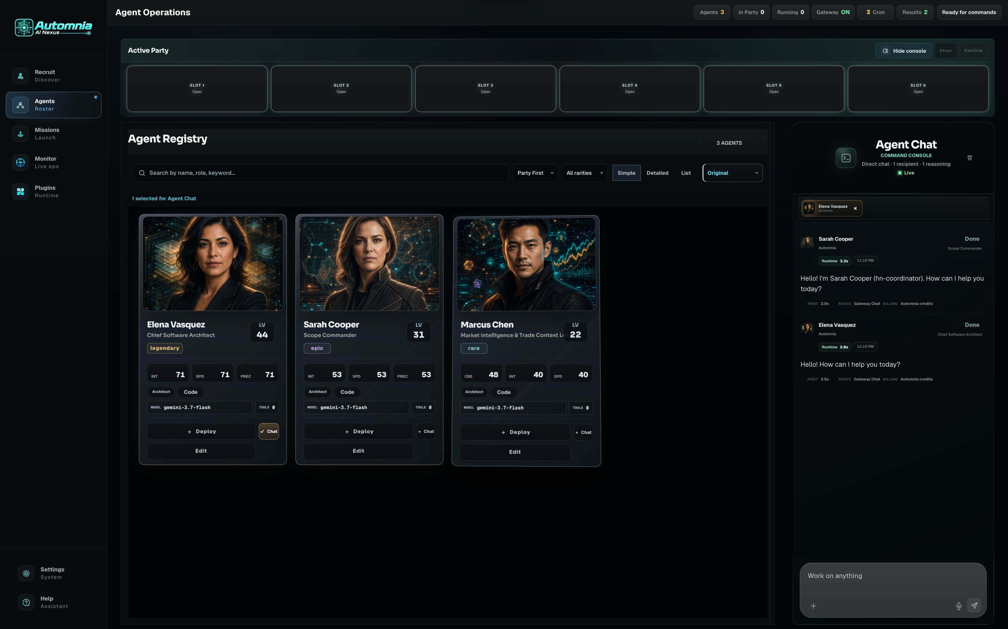 Automnia Agent Operations workspace showing the Active Party, Agent Registry, and Agent Chat console