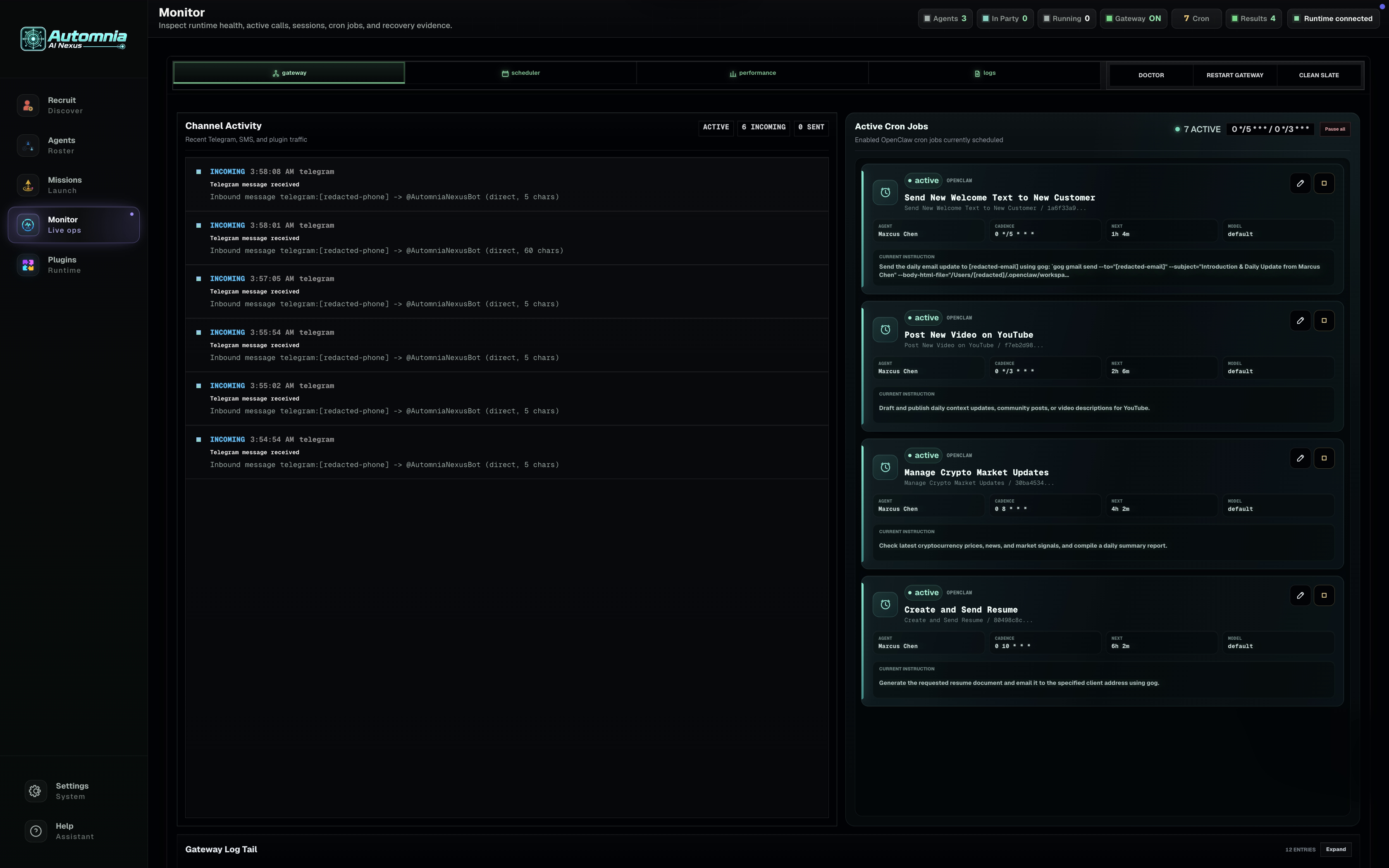 Automnia Monitor showing channel activity, Telegram messages, and active OpenClaw cron jobs