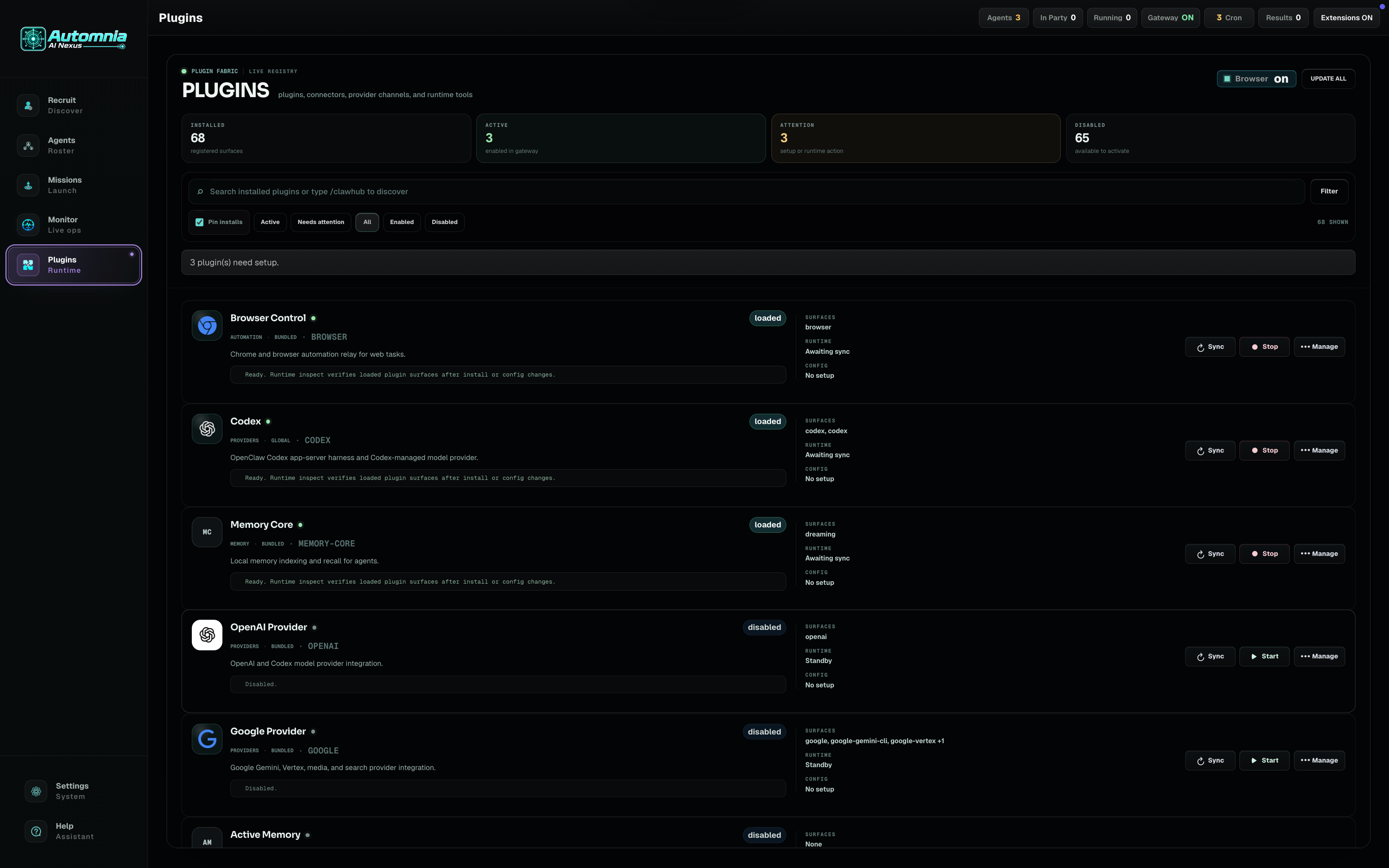 Plugins runtime surface registry showing installed plugins, active surfaces, and runtime controls